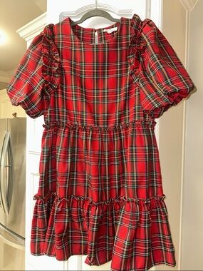 entro Red Plaid Puff Sleeve Tiered Mini Dress